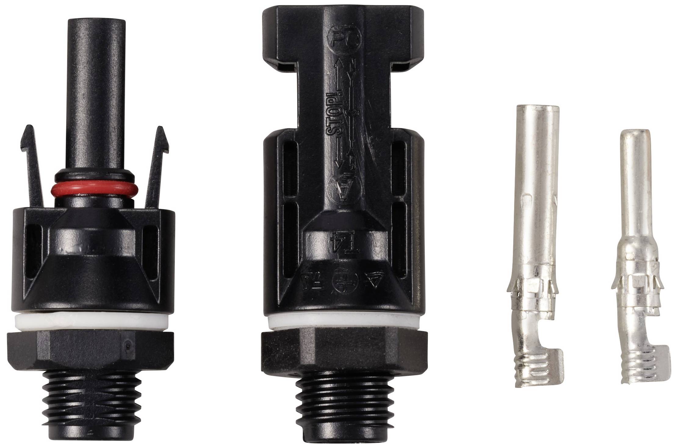Dwa czarne złącza wtykowe oraz dwa metalowe styki do modułów solarnych. Złącza posiadają uszczelnienia i gwinty.
