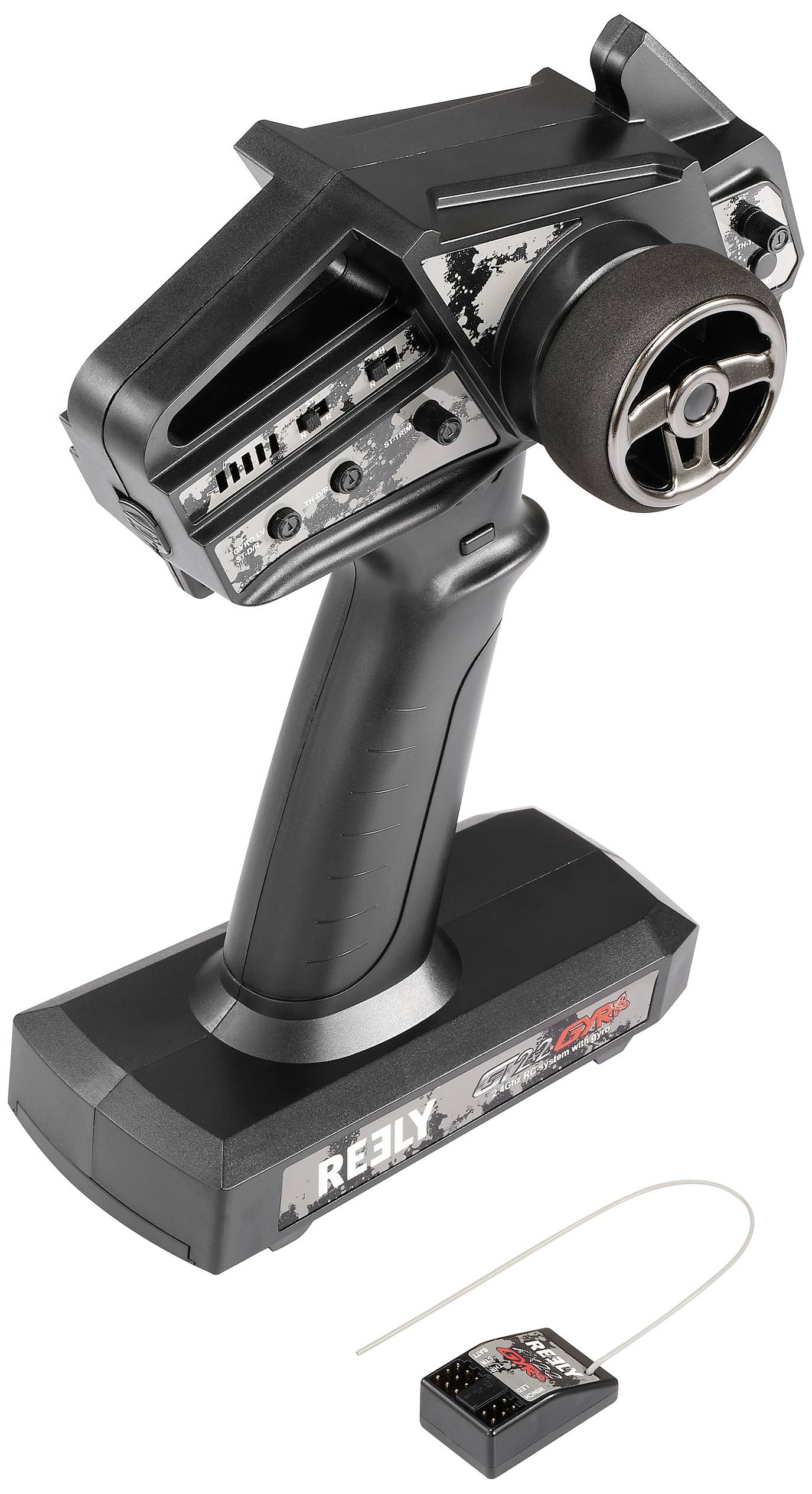 'Pilot zdalnego sterowania z odbiornikiem, czarno-szary, z różnymi przełącznikami i kierownicą do pojazdów RC.'