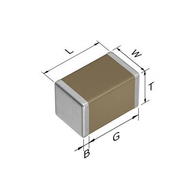 Prostokątny, brązowy element elektroniczny z srebrnymi końcówkami. Wymiary L, W, T, B, G oznaczone strzałkami.