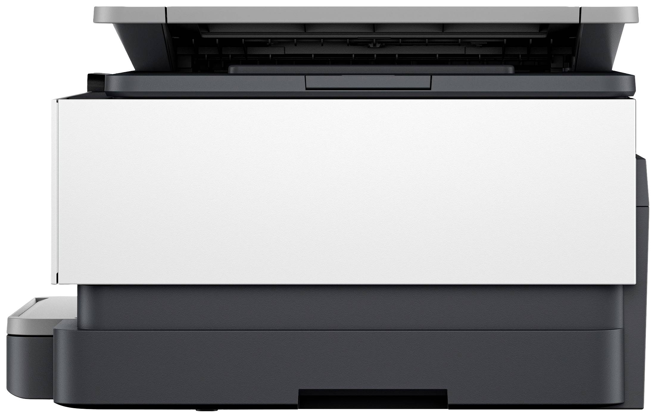 Drukarka widziana z boku, otwarta na wkładanie dokumentów. Posiada tacę na papier, górną część skanera oraz panel sterowania.