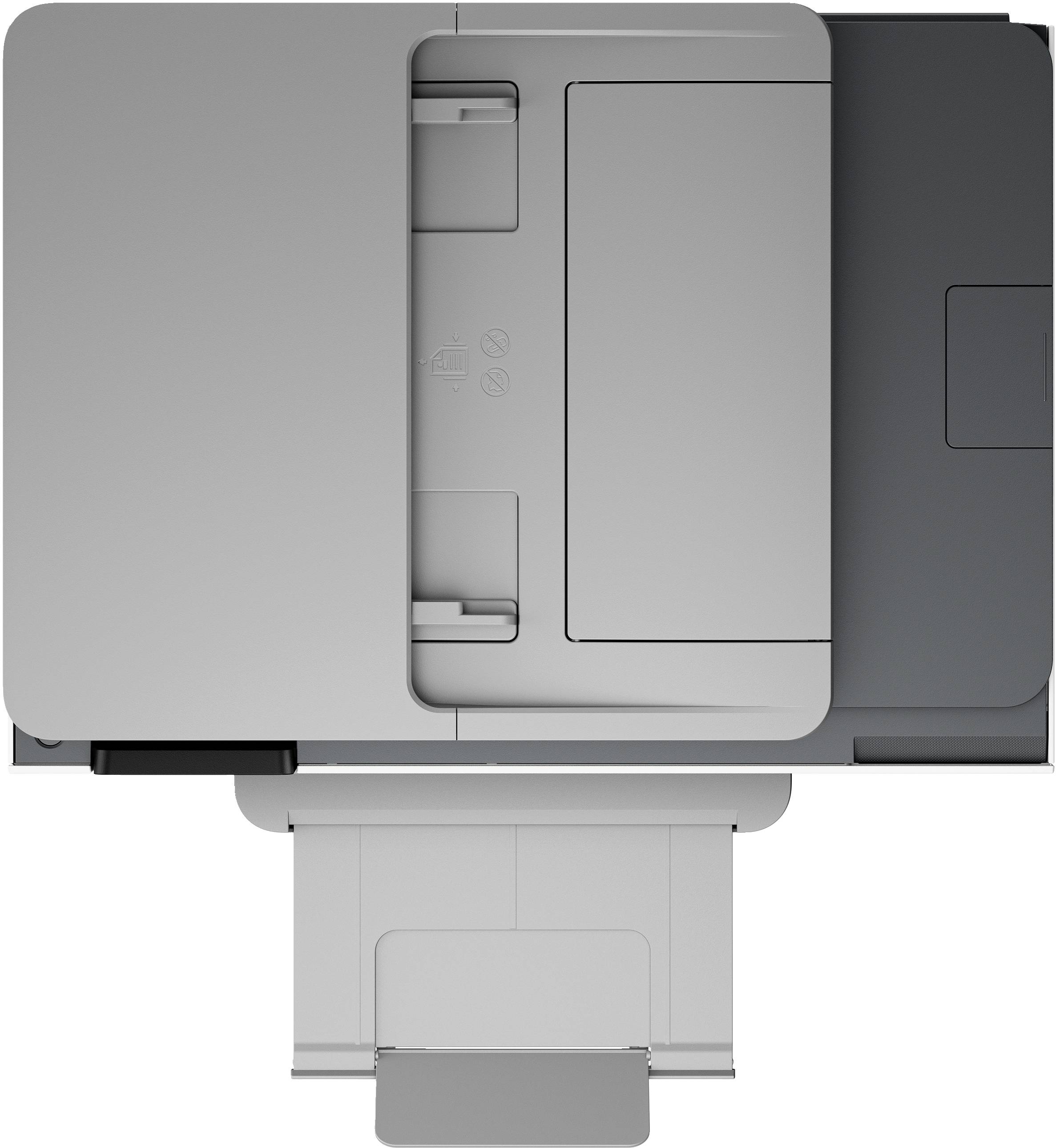 Widok z góry szarej drukarki z podajnikiem papieru.