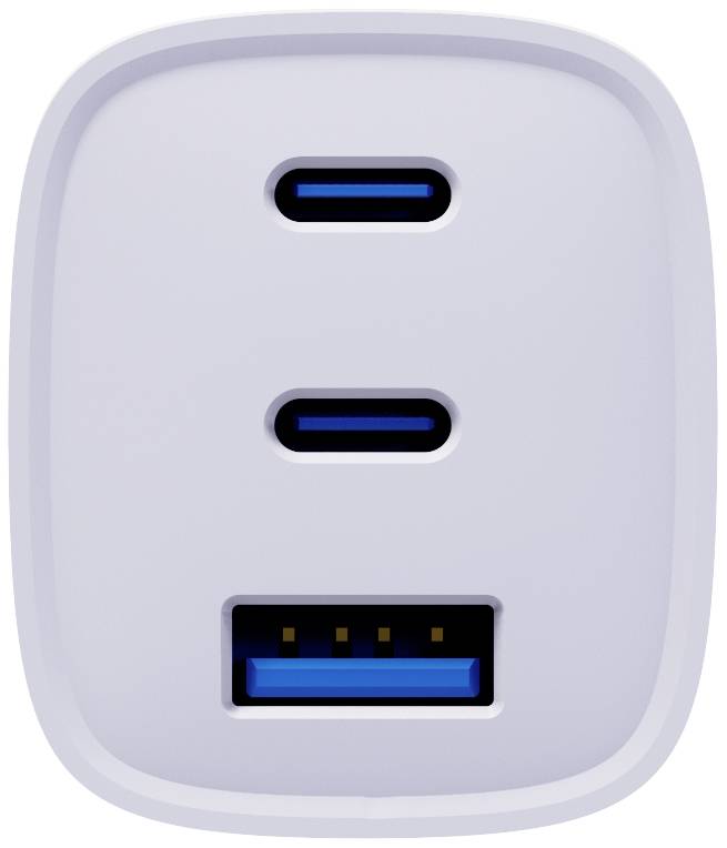 Białe ładowarko z dwoma portami USB-C i jednym portem USB-A, widok z przodu.