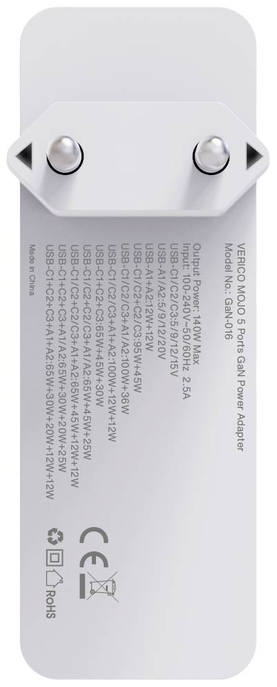 Etykieta zasilacza z parametrami technicznymi: Model Y5; Napięcie wejściowe: 100-240V; Wyjście USB-C1: do 140W; Wyjście USB-A1: maks. 22,5W