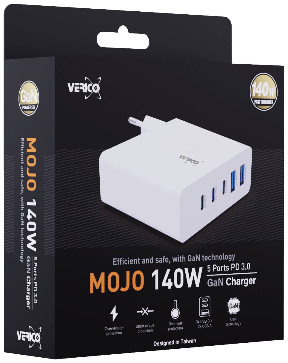 Biała stacja ładująca GaN firmy Verico, model MOJO 140W z 5 portami USB. Opakowanie podkreśla bezpieczeństwo, wydajność i szybkie ładowanie.
