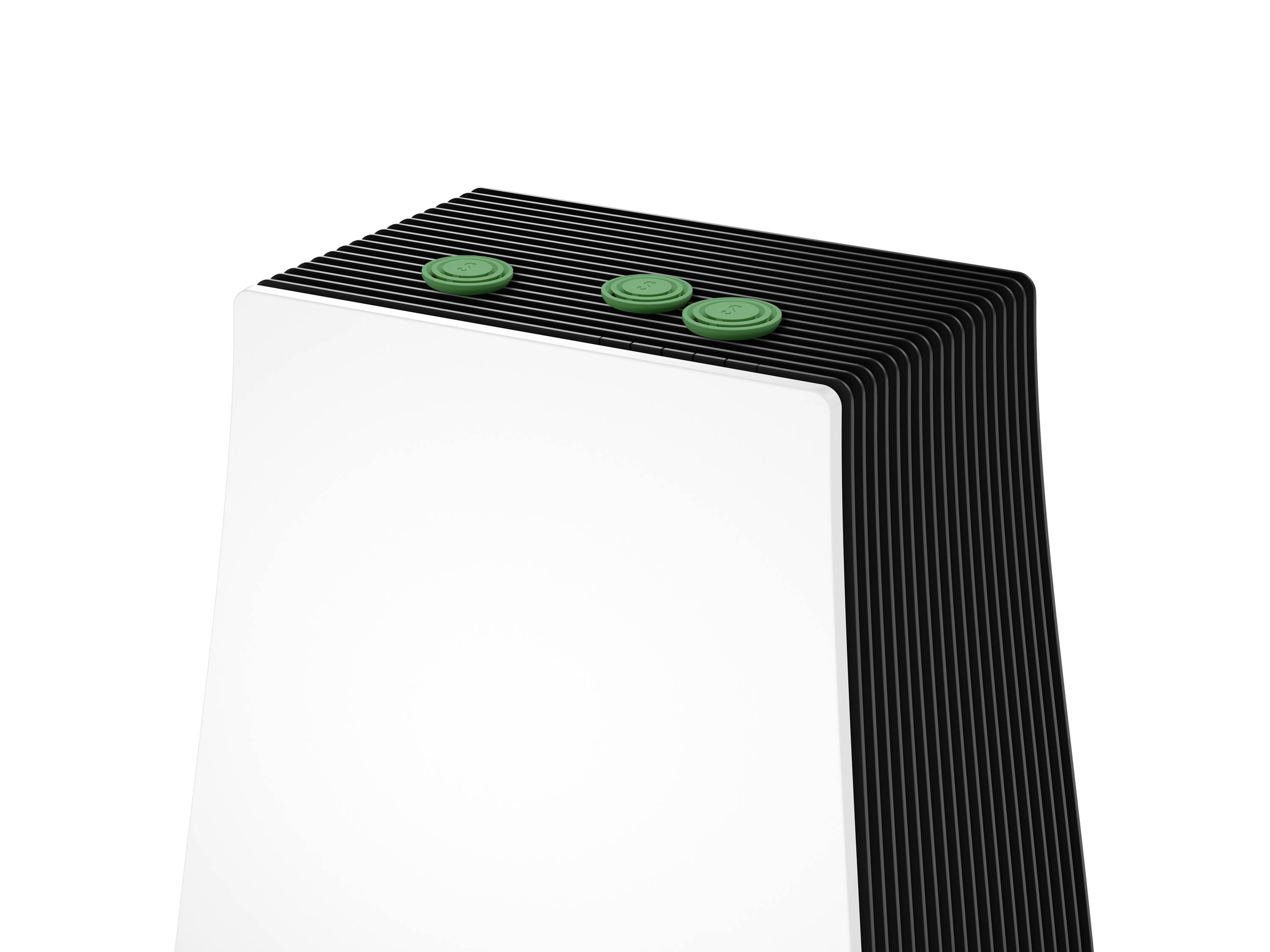 Stylizowany obiekt z czarną górną powierzchnią i trzema zielonymi kółkami w rogu. Geometryczny design, prawdopodobnie element wyposażenia wnętrz.