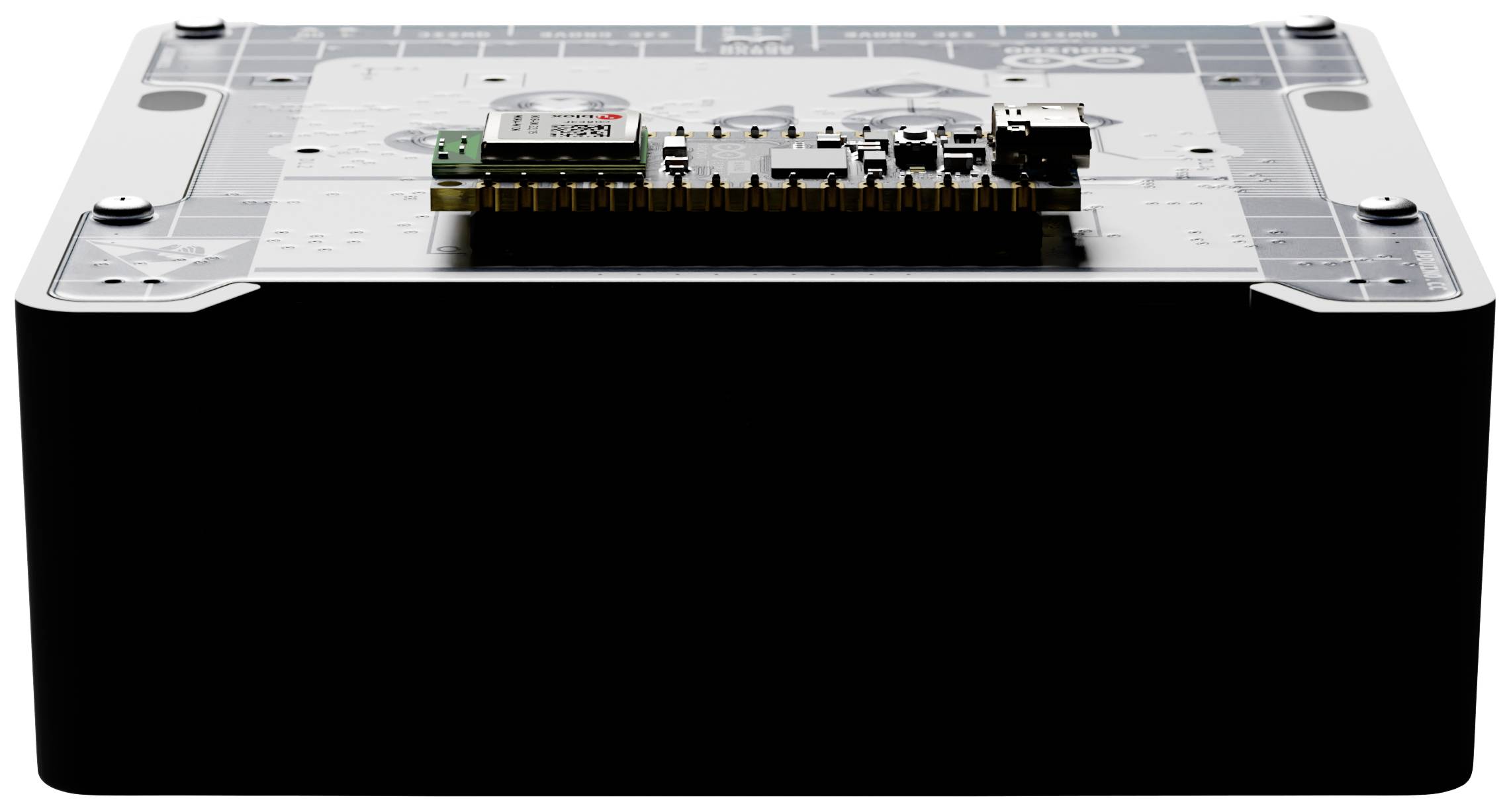 Czarna skrzynka elektroniczna z małą płytką drukowaną zamontowaną na górnej powierzchni. Płytka drukowana zawiera kilka elementów elektronicznych.