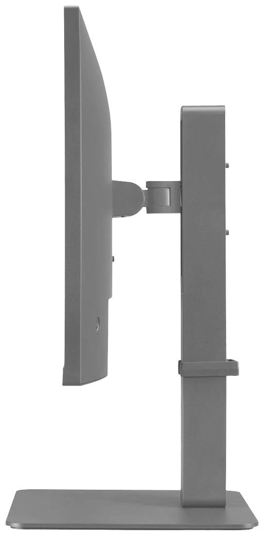 Jednostronne ujęcie szarego monitora komputerowego o wąskiej ramce, umieszczonego na regulowanym statywie.