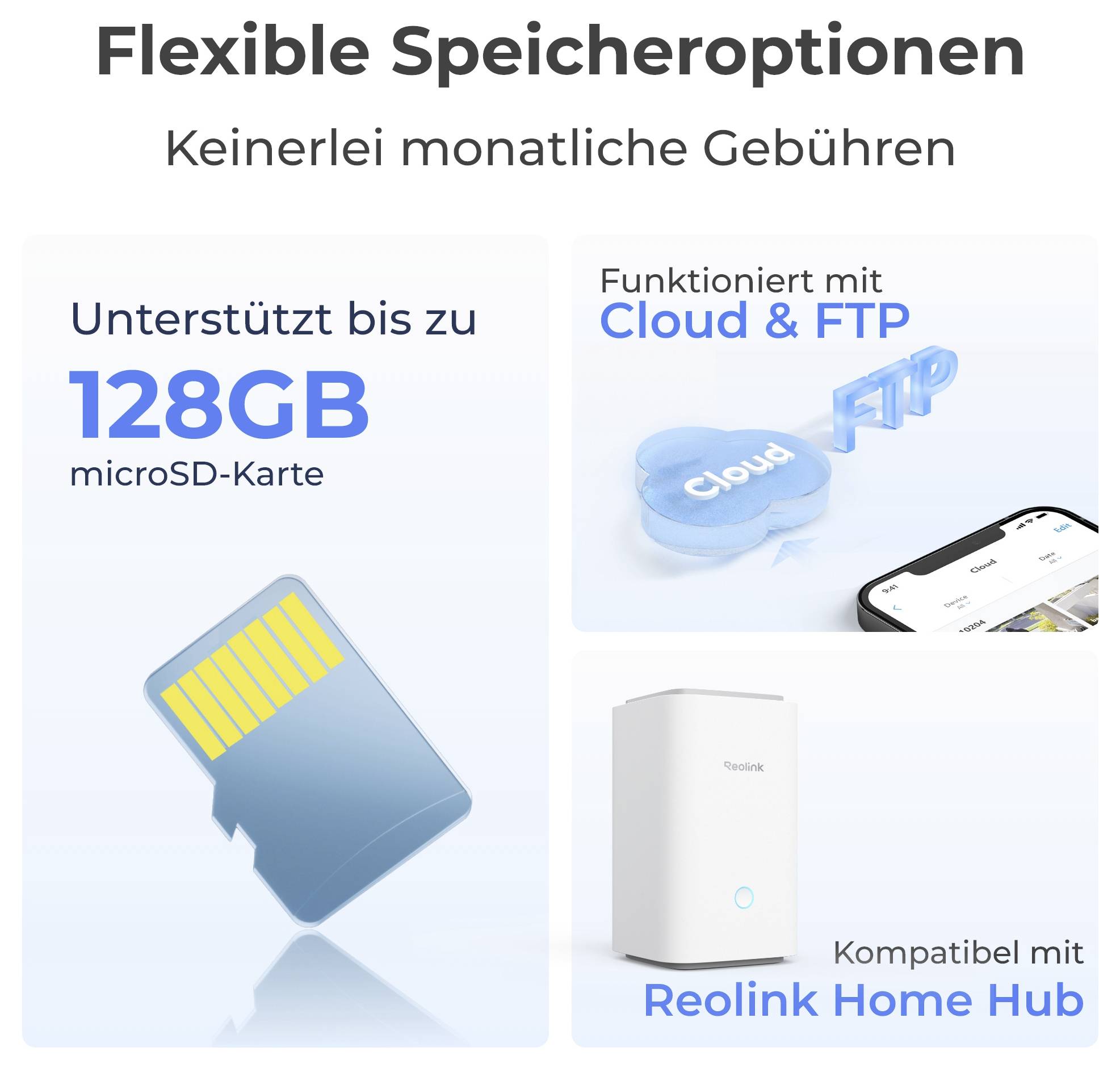 Elastyczne opcje przechowywania danych z kartami microSD o pojemności do 128 GB, wsparciem dla usług Cloud i FTP oraz kompatybilnością z Reolink Home Hub.