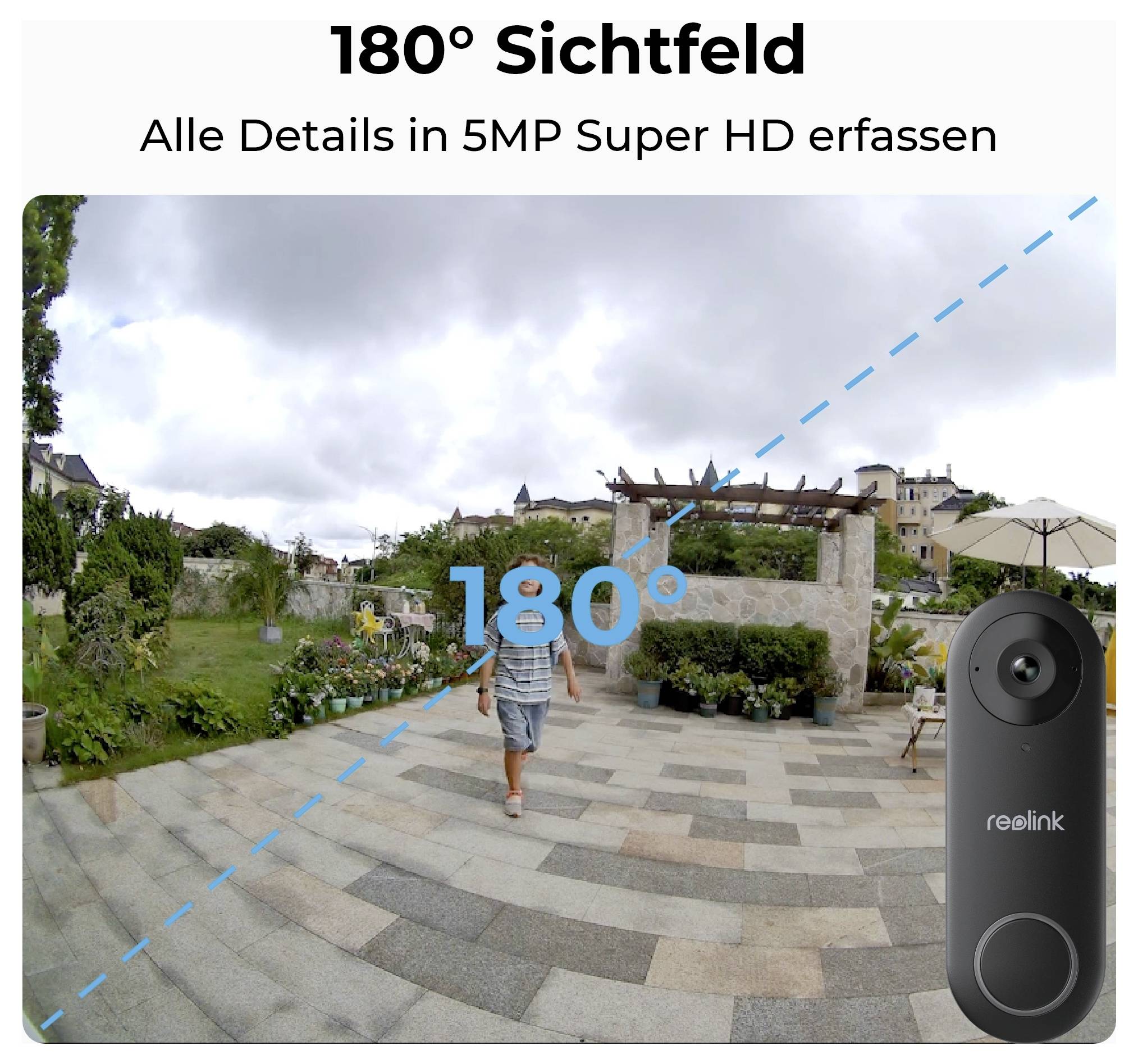 Kamera z polem widzenia 180° pokazuje ogród z mężczyzną podczas spaceru. Tekst: '180° pole widzenia. Rejestracja wszystkich szczegółów w 5MP Super HD'.