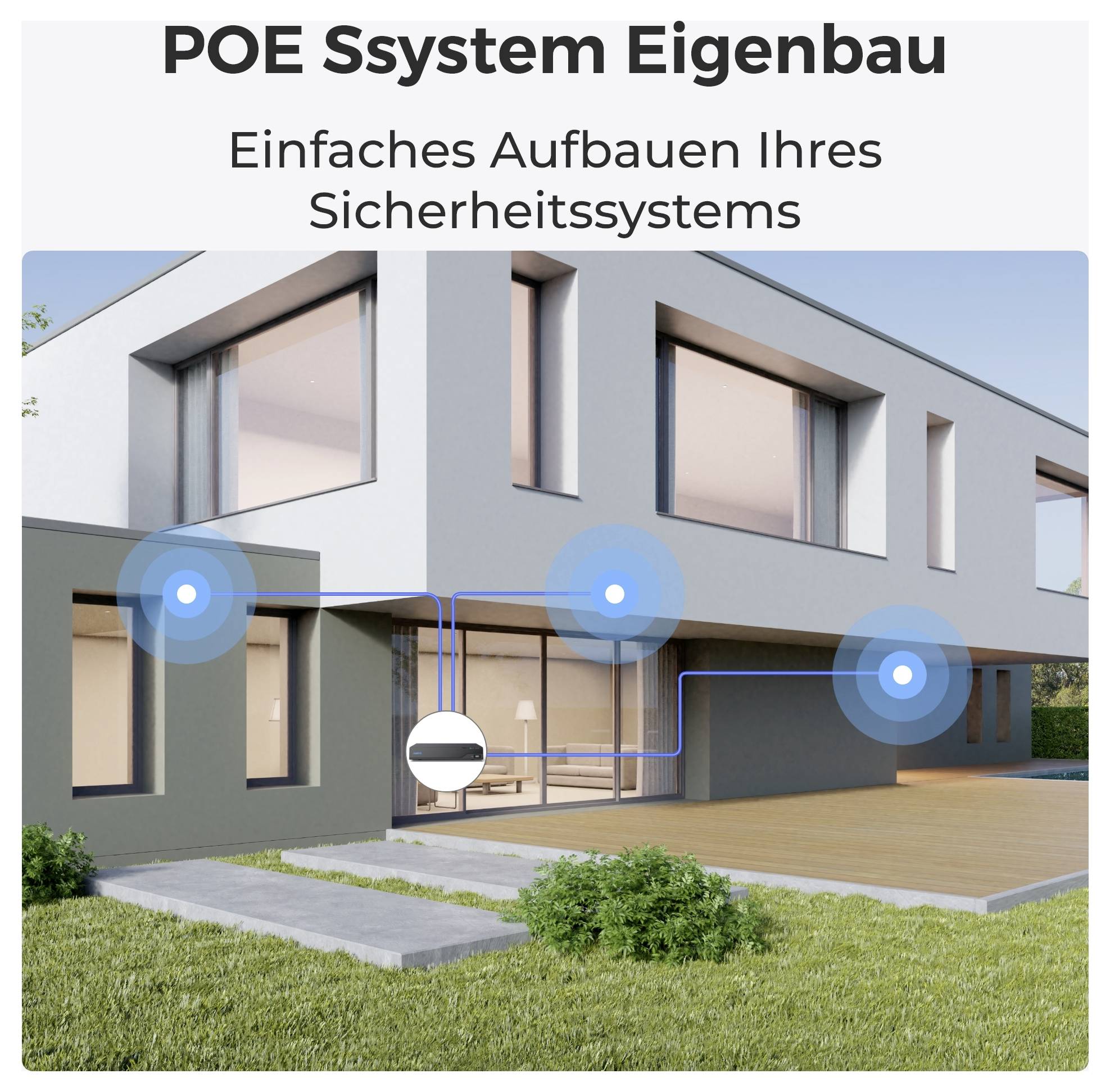 System 'POE Ssystem Własnej Produkcji' prezentuje nowoczesny dom z wyróżnionymi kamerami bezpieczeństwa, które są połączone za pośrednictwem własnego systemu POE.