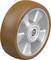 Koło przemysłowe z brązową bieżnią i srebrnym obręczem. Odpowiednie do maszyn lub wózków transportowych.