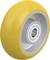Żółte koło z srebrnym metalowym rdzeniem i łożyskiem, prawdopodobnie koło zapasowe do mebli biurowych lub wózka transportowego.