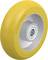 Żółte koło wykonane z tworzywa sztucznego z metalowym elementem wewnętrznym, odpowiednie dla środków transportu lub maszyn. Idealne do równomiernych i cichych ruchów.