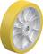 Żółte koło z poliuretanu z srebrnym metalowym rdzeniem i szprychami, odpowiednie do zastosowań przemysłowych.