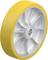 Żółte koło wykonane z tworzywa sztucznego lub gumy z srebrnym rdzeniem i łożyskiem pośrodku, prawdopodobnie przeznaczone do zastosowań przemysłowych.