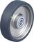 Metalowe koło przemysłowe z niebieskim gumowym obrzeżem i łożyskiem kulkowym, przeznaczone do zastosowań w systemach transportowych i mobilnych urządzeniach.