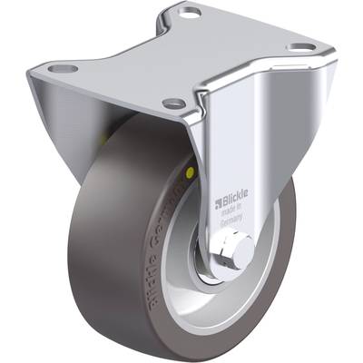 Szara metalowa rolka kierunkowa z płytką mocującą; napis 'Blickle made in Germany' na kole.