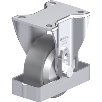 Szare metalowe kółko jezdne z kierownicą, wyposażone w stabilną płytę mocującą, przeznaczone do ciężkich obciążeń; z nadrukiem 'made in Germany'.