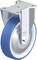 Rolka przemysłowa ze sterowaniem, wyposażona w niebieskie koło z poliuretanu i srebrną obudowę metalową. Odpowiednia do gładkich podłóg w fabrykach lub magazynach.