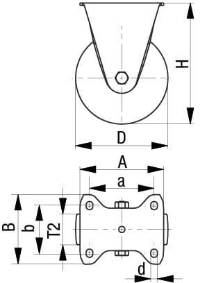 Rysunek techniczny łożyska tocznego z wymiarami: D, A, H, B, T2, b, a oraz d. Na górze widok z przodu, na dole widok z boku.