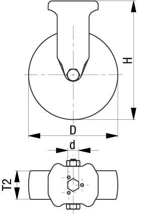 Rysunek techniczny zaworu kulowego z wymiarami. Przedstawia widok z góry i widok z boku z zaznaczonymi wymiarami D, d, T2 oraz H.