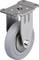 Metalowa rolka obrotowa z szarym kołem, odpowiednia do mebli przemysłowych lub wózków. Wyposażona w płytę montażową z czterema otworami na śruby.