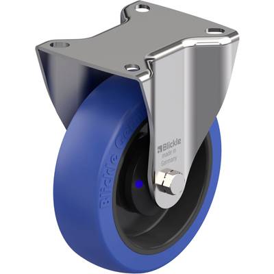 Metalowa rolka z niebieskim kółkiem z tworzywa sztucznego, nadająca się do montażu. Oznaczona na metalowej szynie napisem 'Blickle made in Germany'.