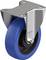 Rolka przemysłowa do prowadzenia z niebieskim kołem gumowym i błyszczącą obudową metalową. Odpowiednia do zastosowania w wózkach transportowych.