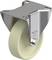 Metalowe obudowy kółek skrętnych z beżowym kółkiem. Napis: 'Blickle made in Germany'. Stosowane do montażu w meblach lub urządzeniach.