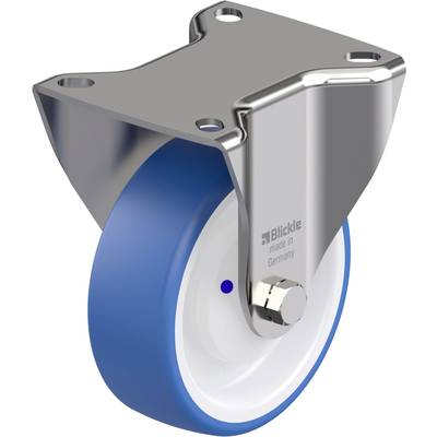 Niebiesko-biała rolka transportowa z metalowym mocowaniem, odpowiednia do zastosowań przemysłowych, produkowana przez 'Blickle' w Niemczech.