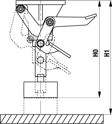 Rysunek techniczny dźwigni wahacza z diagramem zachowującym skalę. Przedstawia pozycje dźwigni oraz wymiary H0 i H1.