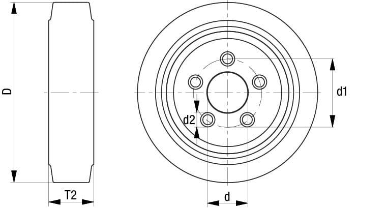 Rysunek techniczny tarczy hamulcowej z oznaczeniami: Średnica (D), Wysokość (T2), Wzór otworów mocujących (d1/d2) oraz Otwór (d).