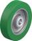 Zielone koło transportowe lub maszynowe z srebrnym rdzeniem metalowym i łożyskiem kulkowym, odpowiednie do zastosowań przemysłowych.