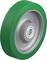 Zielone koło z rdzeniem metalowym i łożyskiem kulkowym, odpowiednie do lekkich rolek transportowych lub wózków.