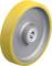 Rolka skrętna z żółtą gumową nakładką i metalowym rdzeniem, wyposażona w łożysko kulkowe zapewniające płynne przemieszczanie.