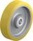 Żółte koło przemysłowe z szarym metalowym rdzeniem i łożyskiem kulkowym, odpowiednie do zastosowań maszynowych lub transportowych.