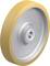 Przemysłowe koło metalowe z żółtą gumową obręczą i łożyskiem kulkowym w centrum. Zaprojektowane do ciężkich obciążeń i wytrzymałych zastosowań.