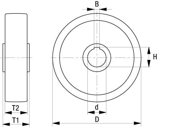 Rysunek techniczny łożyska kulkowego rowkowego z wymiarami: 'T1', 'T2', 'B', 'H', 'D', 'd'. Przedstawia widok z przodu i z boku.