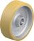 Żółte, okrągłe koło metalowe pokryte powłoką poliuretanową. Często stosowane jako część zamienna w różnych urządzeniach jezdnych i transportowych.