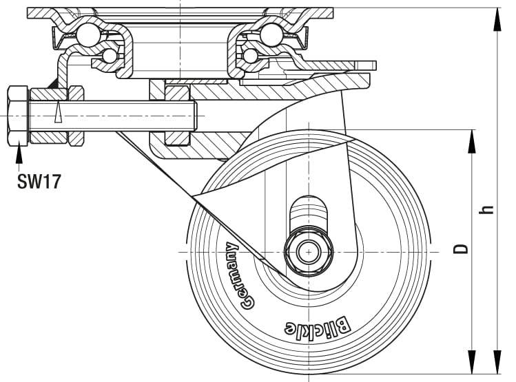 Rysunek techniczny wózka transportowego z kółkami z zaznaczonymi wymiarami. Widoczny jest przekrój poprzeczny łożyska, rolki, oś oraz napis 'Germany'.