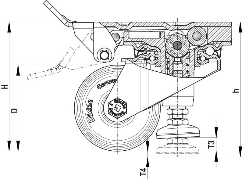Rysunek techniczny koła z tworzywa sztucznego, prezentujący wymiary i szczegóły mechanizmu mocowania. Główne komponenty oznaczone są literami.