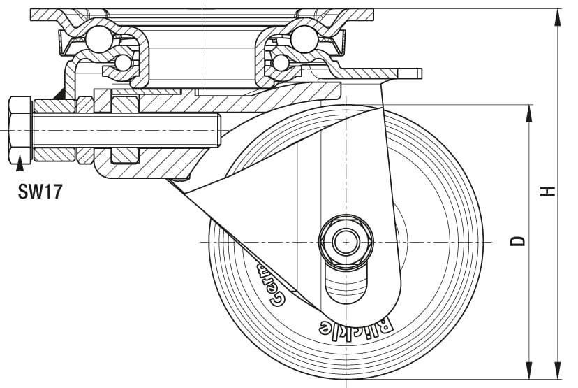 Rysunek techniczny rolki z wymiarami i przekrojem. Przedstawia mechanizm mocowania oraz układ osi.
