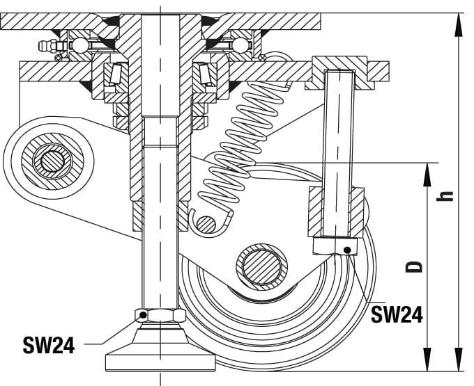 Rysunek przekroju części mechanicznej z elementami sprężynowymi, śrubami i kołami zębatymi. Podane są wymiary D i h, klucz rozmiaru SW24.