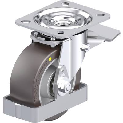 Metalowa rolka obrotowa z płytką montażową, brązowym kołem i mechanizmem wolnego biegu, odpowiednia do mebli lub wyposażenia przemysłowego.
