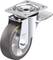 Srebrna rolka kierunkowa z szarym kołem i płytką mocującą. Odpowiednia do mebli lub urządzeń, umożliwiająca lekkie przemieszczanie.