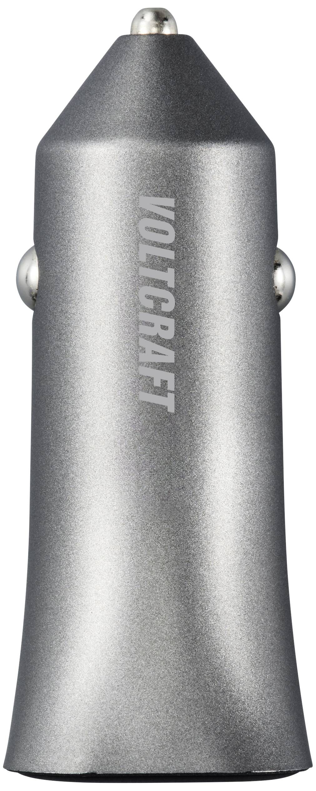 Srebrna ładowarka samochodowa z napisem 'Voltcraft' na boku.