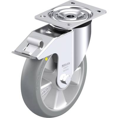 Rolka metalowa z szarym kółkiem i płytką mocującą, przeznaczona do zastosowań przemysłowych, prezentująca stabilną konstrukcję i wytrzymałe materiały.