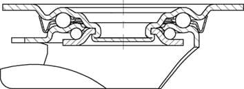 Przekrój poprzeczny łożyska kulkowego z wieloma kulkami umieszczonymi pomiędzy pierścieniem wewnętrznym a zewnętrznym. Ilustruje strukturę i funkcjonowanie łożyska.