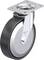 Obrotowe metalowe kółko skrętne z czarną oponą gumową i płytką mocującą, odpowiednie do mebli lub urządzeń transportowych.