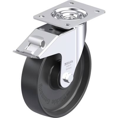 Rolka aparatowa z płytką mocującą i hamulcem, wykonana z czarnego tworzywa sztucznego i srebrnego metalu, oznaczona napisem „Blickle made in Germany".